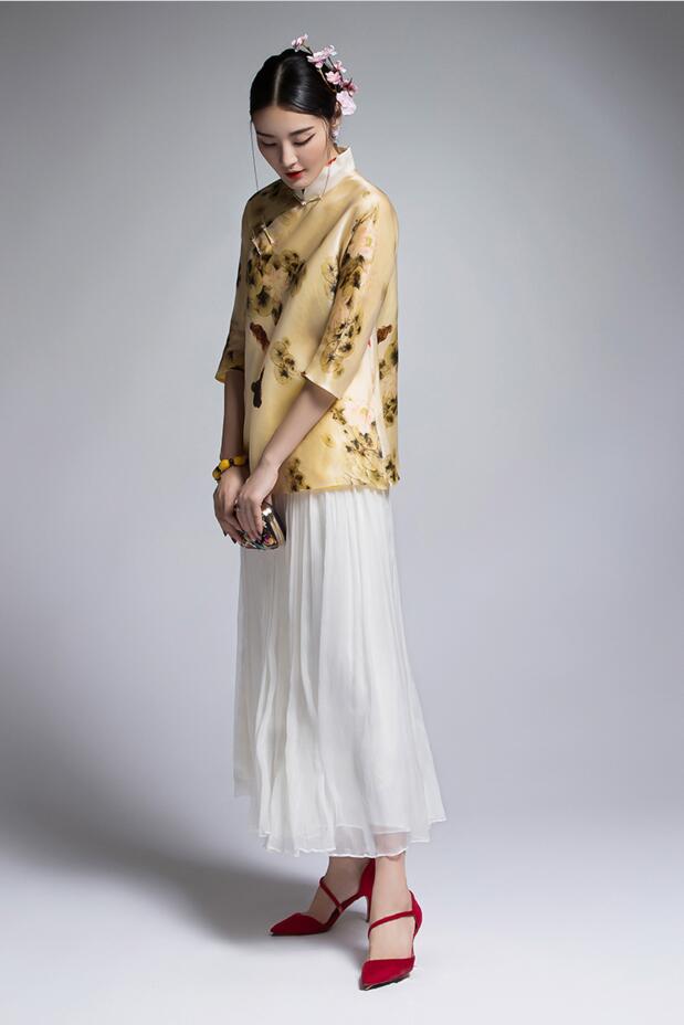 家佳樂文學復古真絲歐根緞印花改良唐裝