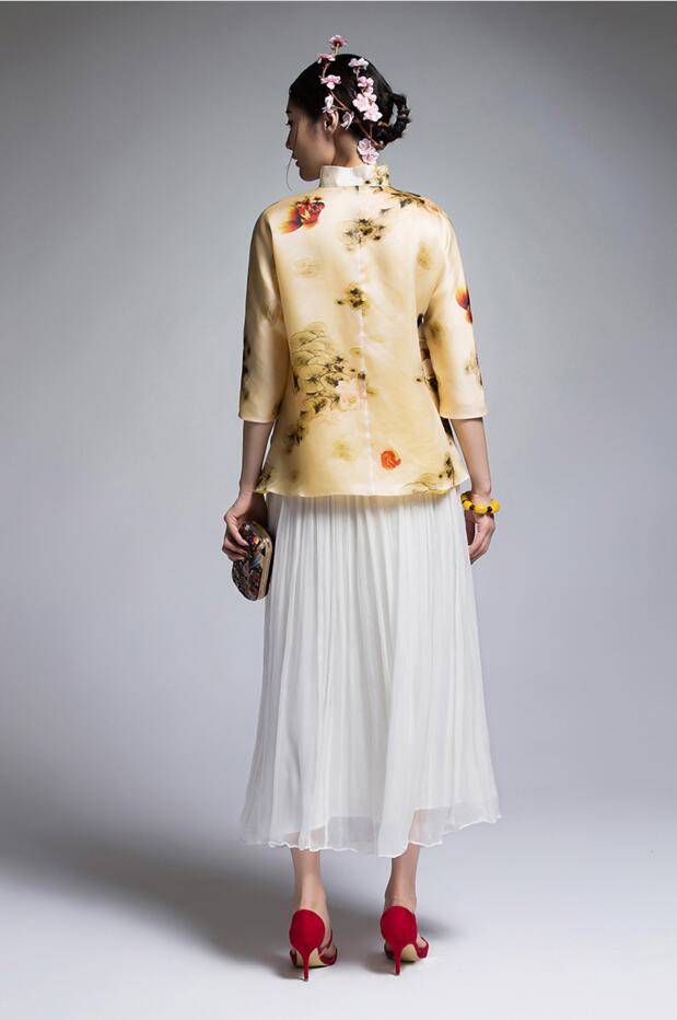 家佳樂文學復古真絲歐根緞印花改良唐裝