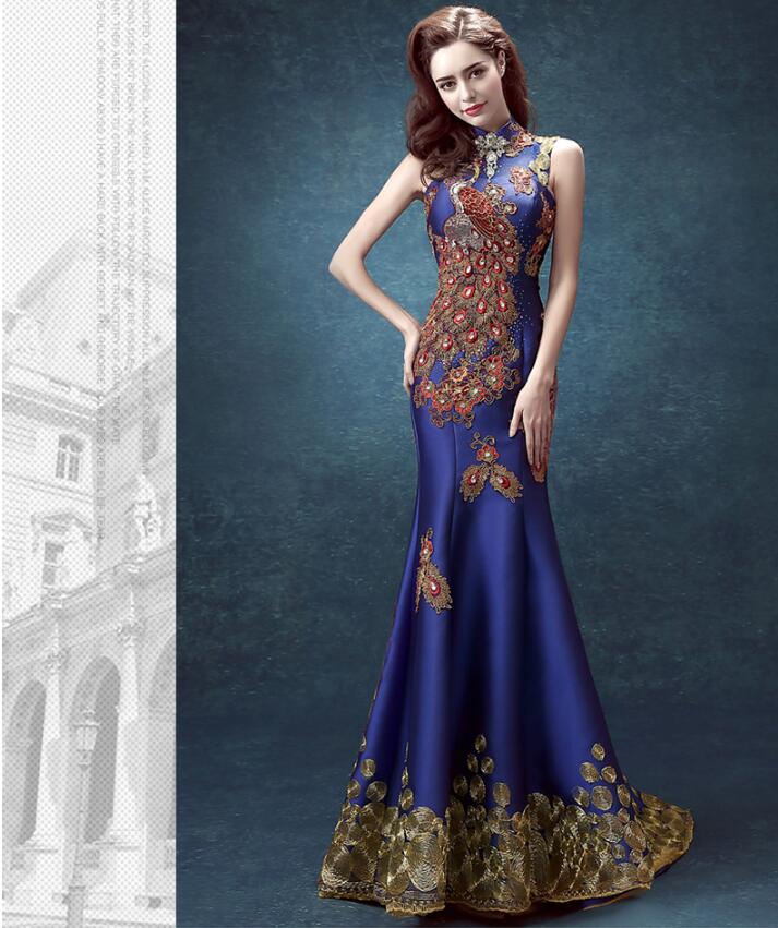 復(fù)古立領(lǐng)性感魚(yú)尾綁帶中式禮服