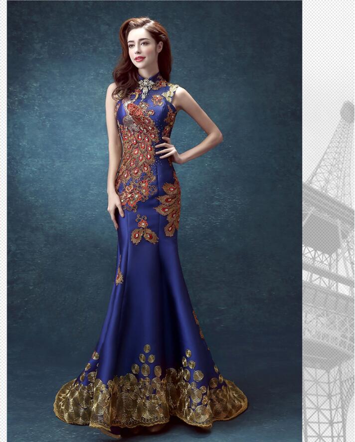 復(fù)古立領(lǐng)性感魚(yú)尾綁帶中式禮服