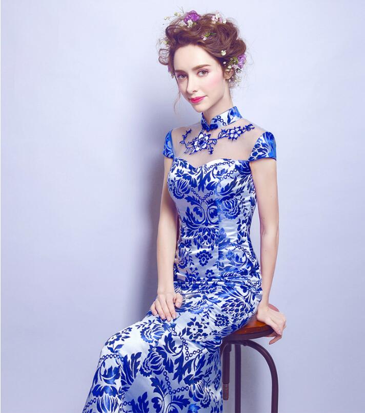 家佳樂文學青花瓷魚尾旗袍中式禮服