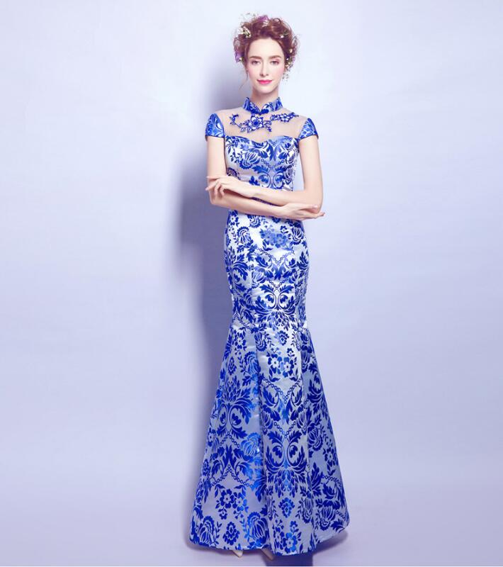 家佳樂文學青花瓷魚尾旗袍中式禮服