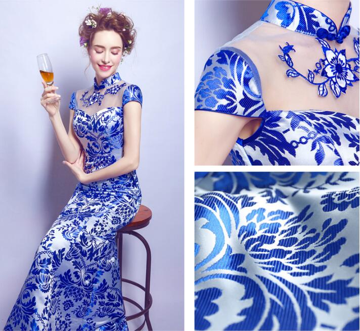 家佳樂文學青花瓷魚尾旗袍中式禮服