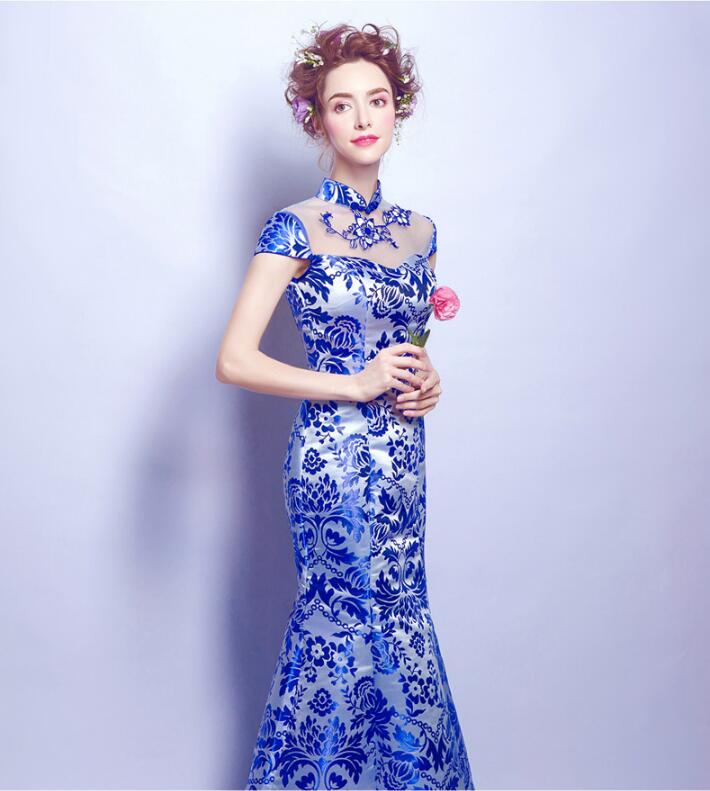 家佳樂文學青花瓷魚尾旗袍中式禮服