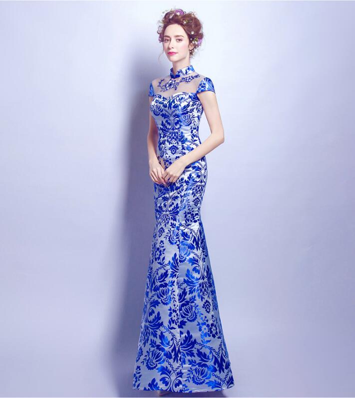 家佳樂文學青花瓷魚尾旗袍中式禮服