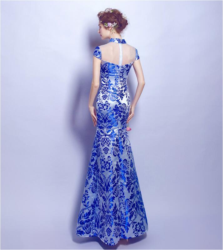 家佳樂文學青花瓷魚尾旗袍中式禮服