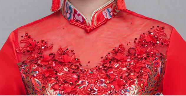 中式立領(lǐng)盤扣中國紅錦緞中式禮服