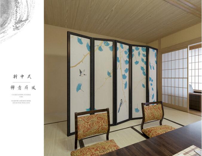 新中式屏風(fēng)實(shí)木折屏銀杏花鳥屏風(fēng)