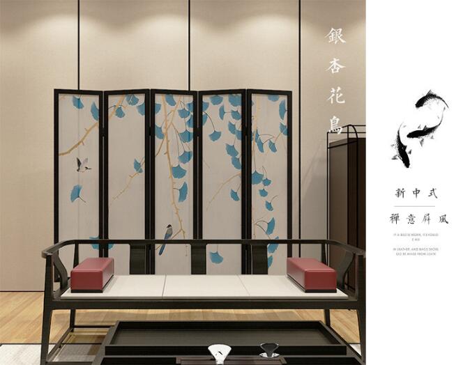新中式屏風(fēng)實(shí)木折屏銀杏花鳥屏風(fēng)