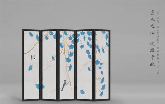 新中式屏風(fēng)實(shí)木折屏銀杏花鳥屏風(fēng)