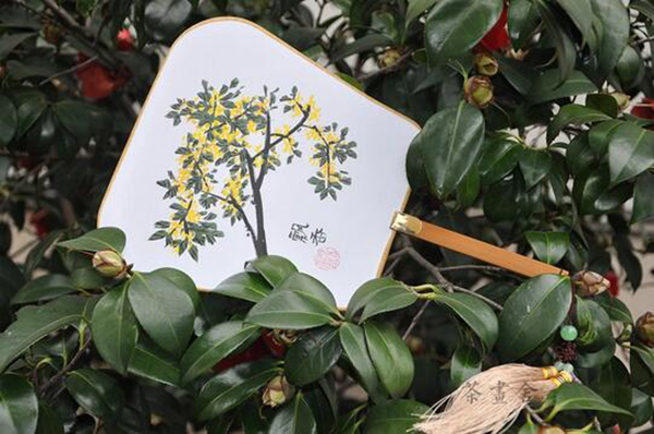 漢文化漢服配飾國(guó)畫(huà)桂花絹面團(tuán)扇