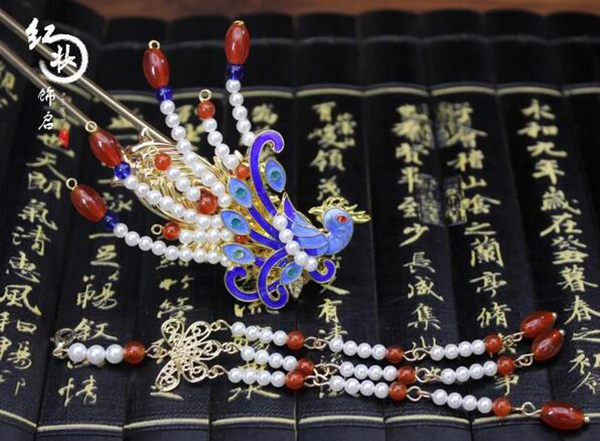 漢服發(fā)飾 燒藍鳳簪發(fā)簪流蘇古風(fēng)步搖