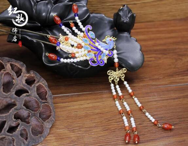 漢服發(fā)飾 燒藍鳳簪發(fā)簪流蘇古風(fēng)步搖