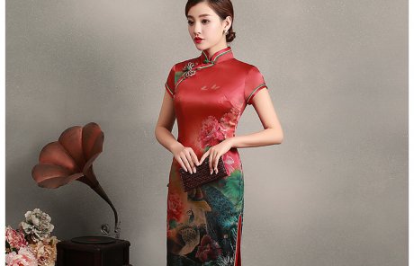 花團(tuán)錦簇短袖旗袍，蠶絲印花旗袍裙