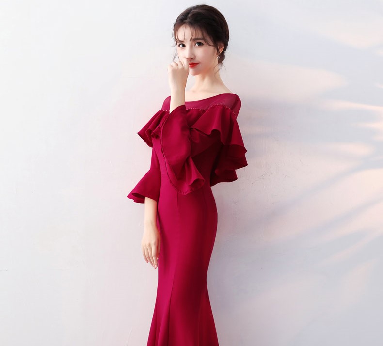 優(yōu)雅喇叭袖中式禮服，時(shí)尚魚尾晚禮服