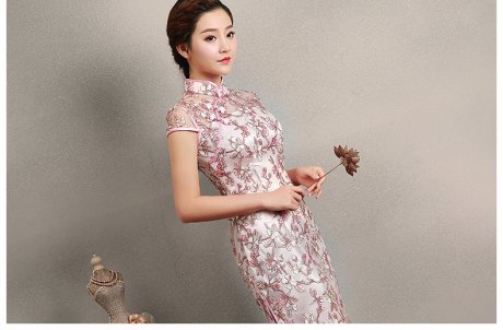 粉色繡花旗袍，蕾絲短款旗袍裙