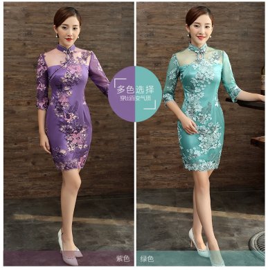 刺繡花瓣袖旗袍，復(fù)古蕾絲短款旗袍裙