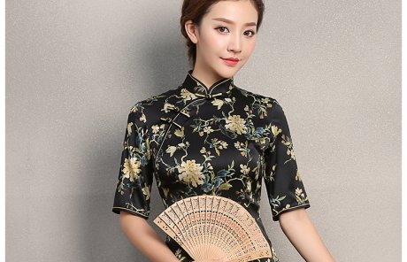 黑色時(shí)尚印黃花旗袍，奧黛旗袍裙