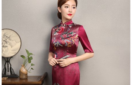 彩鳳印花紅色旗袍，端莊大氣鳳凰牡丹旗袍裙