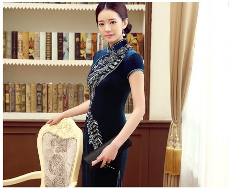 藍色鳳羽立體刺繡旗袍，短袖絲絨旗袍裙