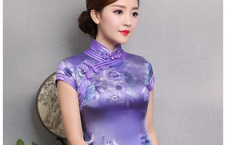 紫玫瑰印花旗袍，短袖三包邊旗袍裙