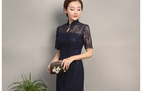復古蕾絲繡花亮片旗袍，深藍色旗袍裙