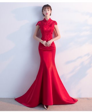 時尚魚尾拖尾中式禮服，蕾絲氣質(zhì)晚禮服