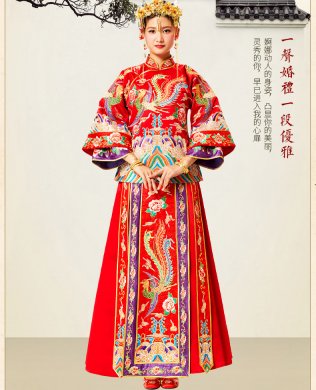 花開富貴中式禮服，多彩刺繡新娘禮服