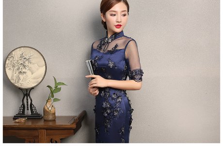 藍(lán)色薔薇繡花旗袍，復(fù)古蕾絲旗袍裙