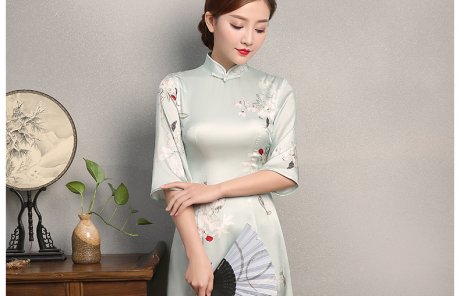 淡綠色青香印花旗袍，真絲中袖旗袍裙