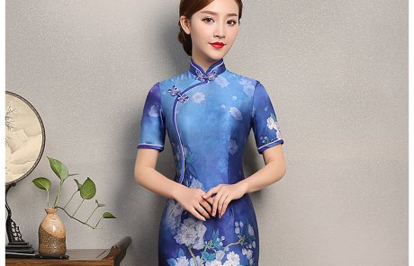 藍嬌印花旗袍，復(fù)古真絲旗袍裙