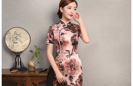 秋鴻印花旗袍，真絲中袖旗袍裙