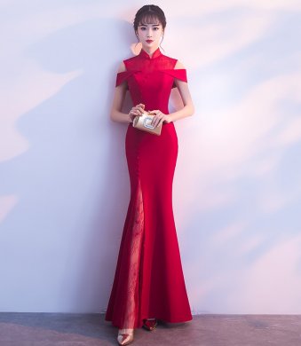魚(yú)尾修身中式禮服，唯美家佳樂(lè)文學(xué)晚禮服