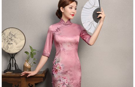 粉色墨畫旗袍，中袖真絲旗袍裙