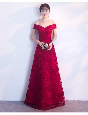 一字肩中式禮服，甜美蕾絲花晚禮服