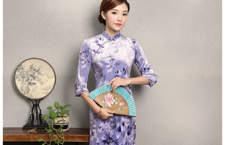 淡紫色印花旗袍，高貴典雅旗袍裙