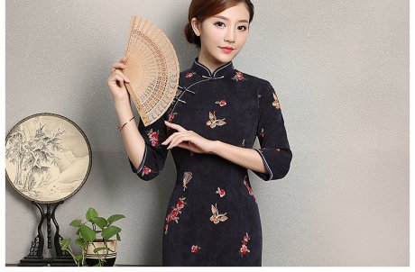 藍(lán)灰色蝴蝶旗袍，優(yōu)雅復(fù)古旗袍裙