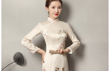 淺杏色樂鵲旗袍，清新復古旗袍裙