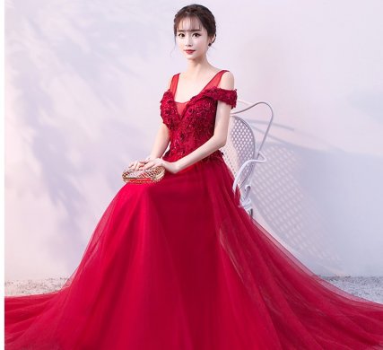 優(yōu)雅雙肩中式禮服,家佳樂文學立體繡花晚禮服