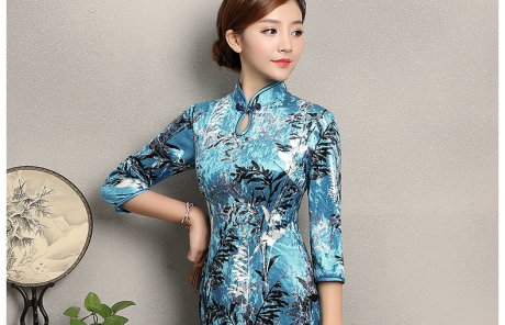 藍(lán)色印花郁蘭旗袍，優(yōu)雅復(fù)古旗袍裙