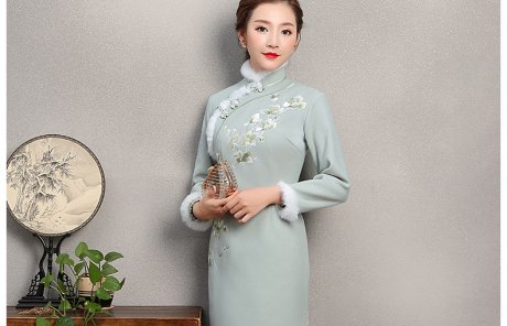 碧綠色繡花旗袍，素淡文藝旗袍裙