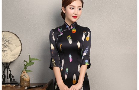 黑色香羽旗袍，蠶絲中袖旗袍裙