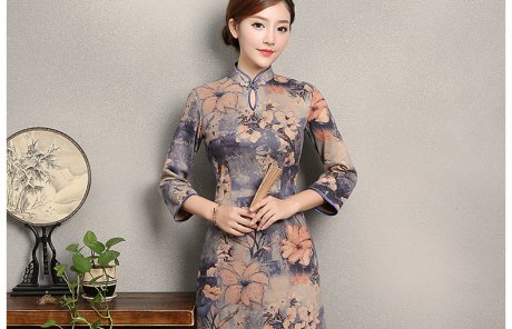 復(fù)古印花旗袍，藍(lán)紫色中袖旗袍裙