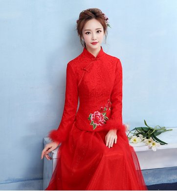 牡丹繡花中式禮服，家佳樂文學保暖晚禮服