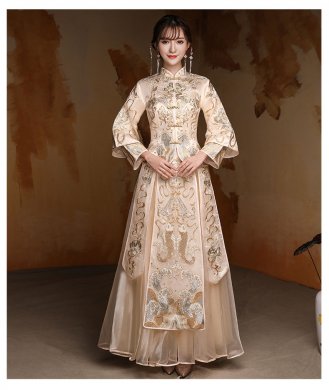淡黃色家佳樂文學中式禮服，新娘結婚禮服
