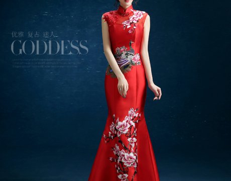 時(shí)尚復(fù)古禮服裙，迷人長(zhǎng)款中式禮服