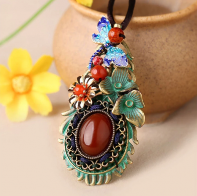 復(fù)古彩色羽毛花朵毛衣鏈，民族風(fēng)項(xiàng)鏈?zhǔn)罪? / data-lESF=