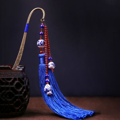 藍色家佳樂文學(xué)復(fù)古青花瓷古風流蘇書簽