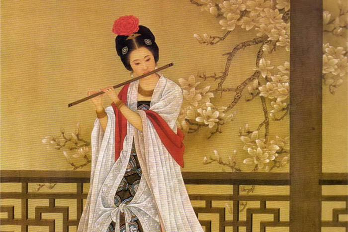 中國(guó)演奏傳統(tǒng)樂器笛子與簫的國(guó)畫作品