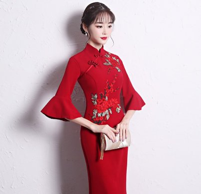 時尚復(fù)古中式禮服，喇叭袖晚禮服